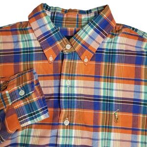 Ralph Lauren Mens XL Plaid‎ Shirt Button Down Long Sleeve Orange Blue Flesh Pony